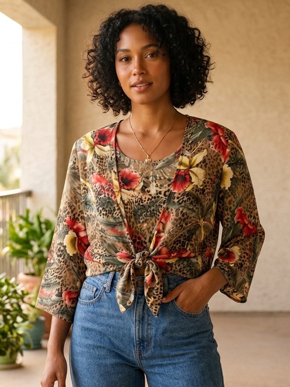 🍪 Requirements Woman Tropical Floral Leopard Tie-Front 2-fer Blouse 1X
